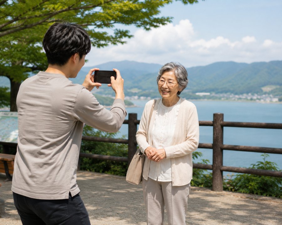 湖畔で写真を撮影してお手伝いする様子